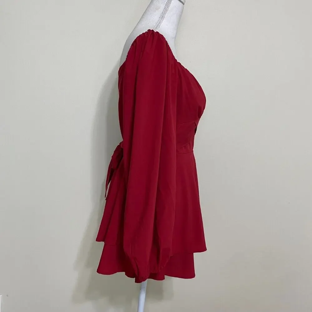 Women's Summer Sexy Puff Sleeve Square‎ Neck Wrap Short Mini Dress, XS, Red